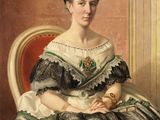 painting of a woman sitting in a red chair with a white and green dress