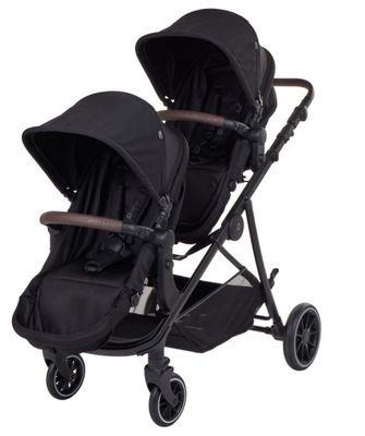 the stroller is black and has a brown handlebar
