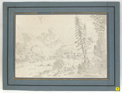 an image of a drawing of a mountain scene with trees in the foreground