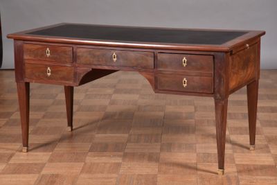 a wooden desk with two drawers and a black top