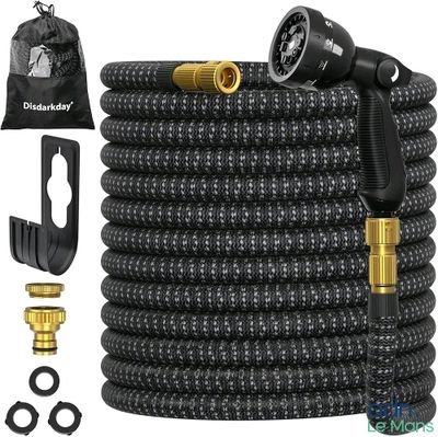 a black hose with a brass fitting and a bag of hoses