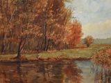 un tableau représentant une rivière au milieu d'un champ