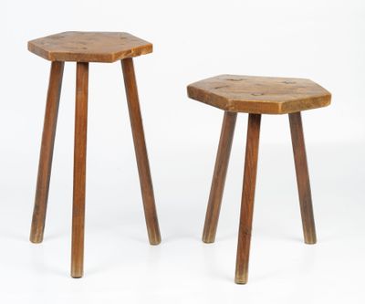 two small wooden stools with legs and a wooden top
