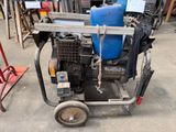 a cart with a blue container on it in a garage