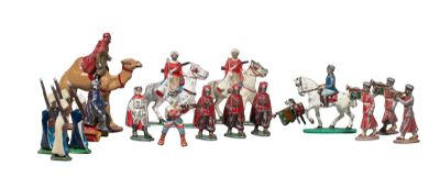many figurines of knights and horses in a row