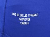 a close up of a blue jacket with a logo on it