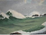 a painting of a large wave coming in to the shore