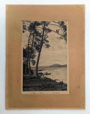 un vieux dessin représentant un bateau sur un lac, avec des arbres au premier plan