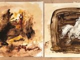 two paintings of horses running in the woods
