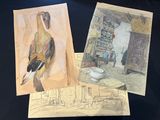 two drawings of a bird sitting on top of a table