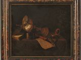 a painting of a still life with a clock and other items on a table