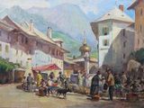 un tableau représentant une scène de rue avec des personnes et des animaux