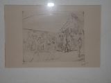 drawing of a street scene with people and a dog in the foreground