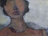 an oil painting of a woman in a red dress sitting on a couch