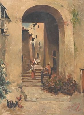 tableau représentant une scène de rue avec des poulets et un homme sur les marches