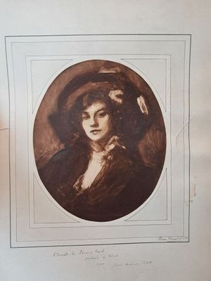 an old picture of a woman in a hat with a feather on her head