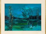 une peinture à l'huile représentant un paysage avec des arbres et un plan d'eau