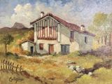 une peinture à l'huile représentant une maison sur une colline, avec un chien devant