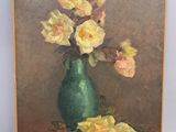 a painting of flowers in a green vase on a table