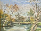 an oil painting of a river with trees and grass in the foreground