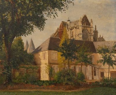 painting of a large building with a clock tower on top of it