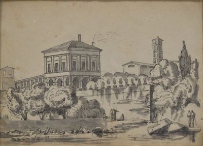 un vieux dessin représentant un grand bâtiment avec une tour horloge en arrière-plan