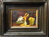 a painting of a cat and two kittens in a basket