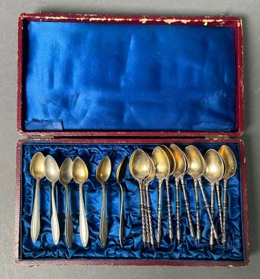 six spoons in a box with a blue cover