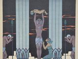 une image représentant un tableau où l'on voit un homme perché sur un poteau aux côtés d'une femme en maillot de bain