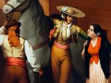 a painting of a man standing next to a white horse