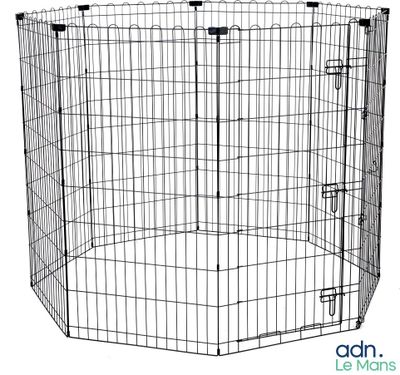 a black wire dog pen with a door open and a door open