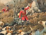 a picture of a painting of a man on a horse with a bunch of dogs