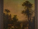 an oil painting of a landscape with cattle and people in the foreground