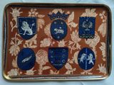 a picture of a tray that has a lot of blue and white items on it