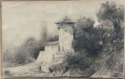 drawing of a castle on a hill with a horse and carriage in the foreground