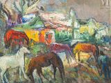 painting of a group of horses grazing in a field next to a house