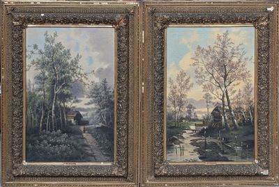 deux tableaux représentant une scène rurale avec une maison et un ruisseau