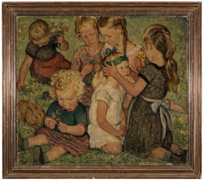 tableau représentant un groupe d'enfants assis dans un champ avec des ours en peluche