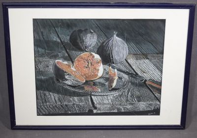 tableau représentant une nature morte composée de fruits disposés sur une assiette posée sur une table