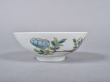 chinese porcelain bowl with blue flowers and leaves on a white background