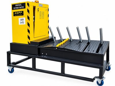 a black cart with a yellow box on top of it