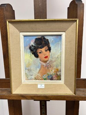 an oil painting of a woman in a white dress on a wooden easel