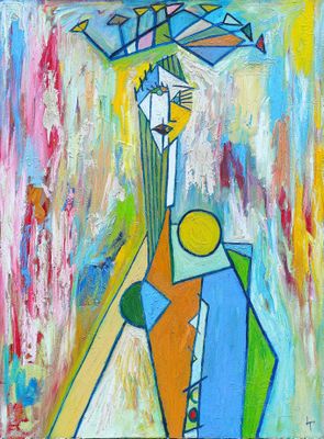 peinture abstraite représentant un homme tenant un bouquet de fleurs à la main