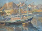 une peinture d'un bateau dans l'eau près d'un bâtiment
