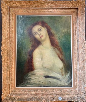 a painting of a woman with long red hair in a white dress