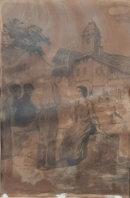painting of a man and a woman in front of a building with a clock tower in the background