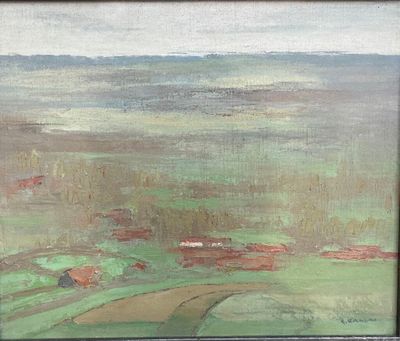 une peinture à l'huile représentant un paysage avec un champ vert et une grange rouge
