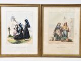 two framed prints of women in medieval clothing in front of a church