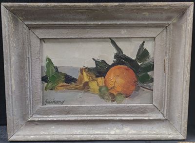 a picture of a painting of an orange on a table