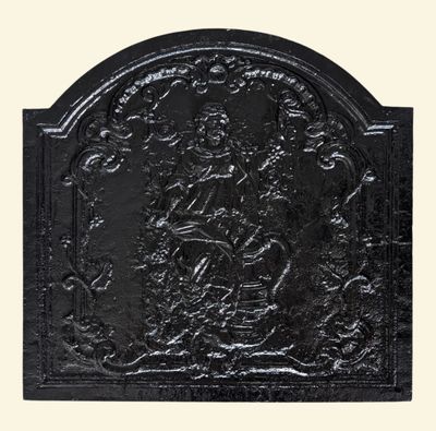 an image of a black cast iron fireplace screen with a picture of a man riding a horse